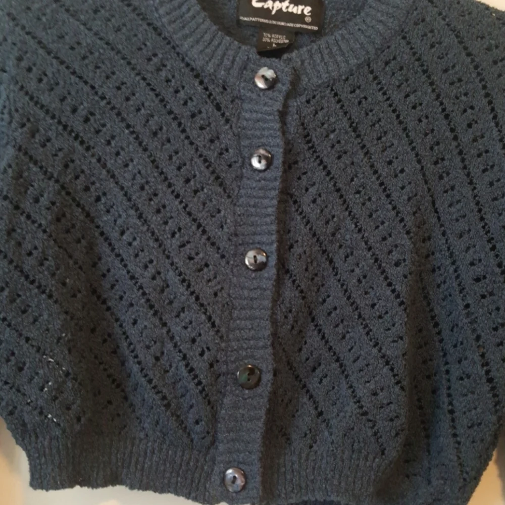 Capture Crocheted blue crop top button-up sweater